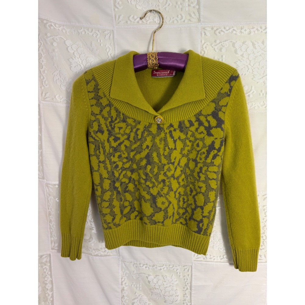 100% Cashmere Chartreuse Green Indie Sleeze Jeweled Collared Sweater Size S